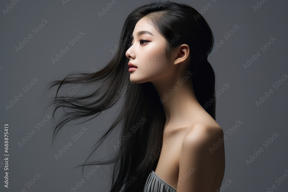 Studio photo of Asia Model photography, side view, chinese women, extremely beautiful, in pure gray background Studio photo of Asia Model photography, side view, chinese women, extremely beautiful, in pure gray background