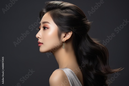 Studio photo of Asia Model photography, side view, chinese women, extremely beautiful, in pure gray background