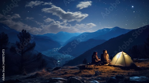 Romantic Night Under the Stars: A Beautiful Photo of a Couple Camping in the Albanian Wilderness, Surrounded by a Clear Night Sky, Twinkling Stars, and a Stunning Night Landscape.