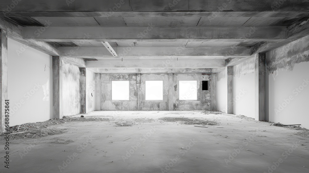 Abandoned building interior, black and white color, background