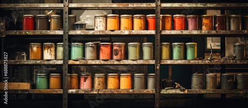 Rusty paint cans in workshop rack