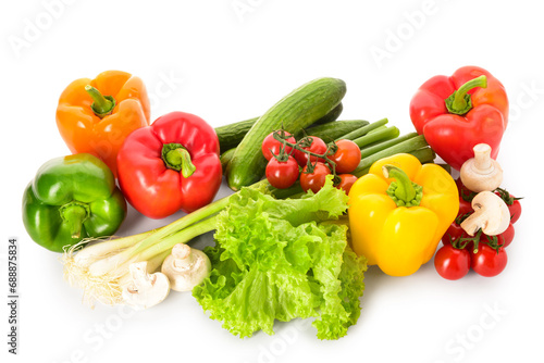 Fresh vegetables with lettuce and mushrooms on white background