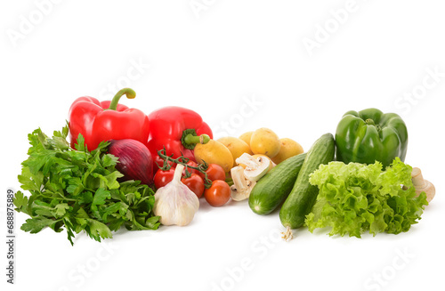 Fresh vegetables with lettuce, parsley and mushrooms on white background