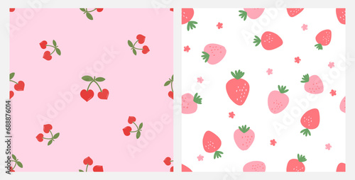 Seamless pattern with heart shape cherries on pink background.  Seamless pattern with strawberry and little flower on white background 