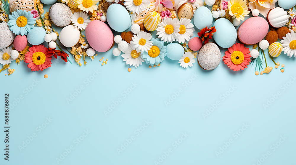 Lots of flowers and colorful Easter eggs on a light blue background with copy space.