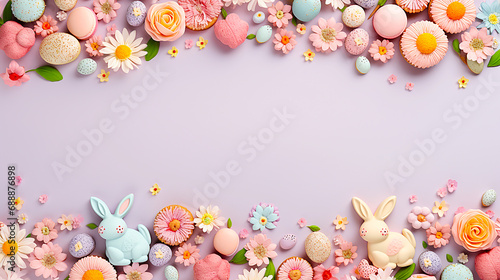 Lots of flowers and colorful Easter eggs on a purple background with copy space.