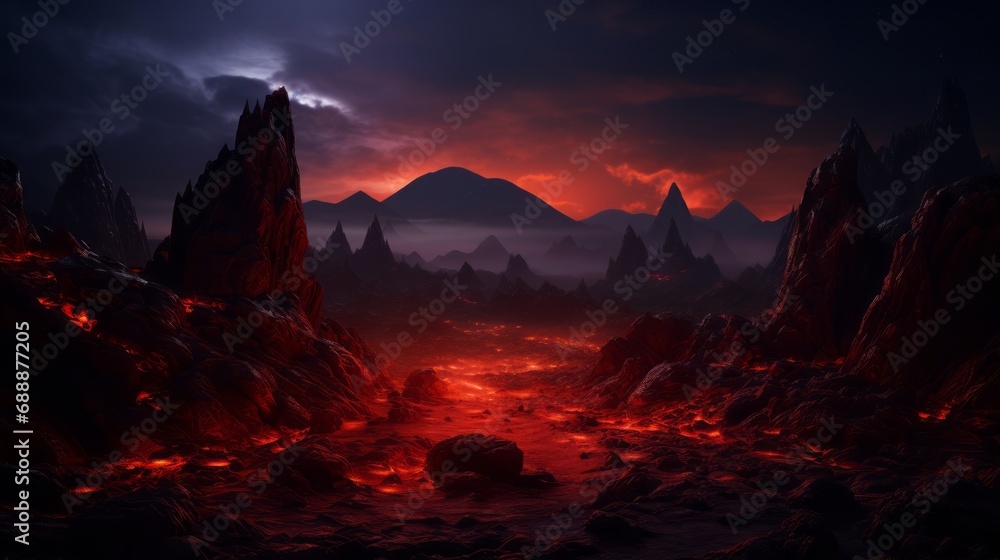 A mountain range of red mountains on a magical planet