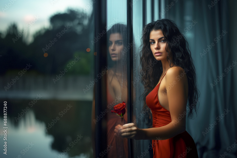 Mysterious Elegance: Sensual Charisma of a Beautiful Woman Gazing Behind a Rainy Window, Infusing Allure into the Décolletage in the Enigmatic Atmosphere.
Mysterious Elegance: Sensual Charisma of a Beautiful Woman Gazing Behind a Rainy Window, Infusing Allure into the Décolletage in the Enigmatic Atmosphere.