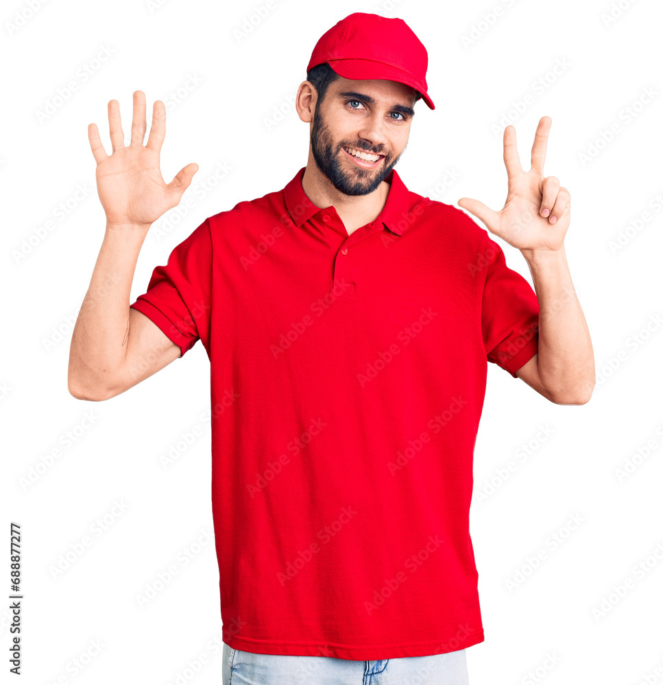 Young handsome man with beard wearing delivery uniform showing and pointing up with fingers number eight while smiling confident and happy.