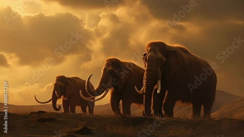 A family of Mammoths bathed in the golden light of a setting sun huddled together for protection from a brewing storm.. . photo