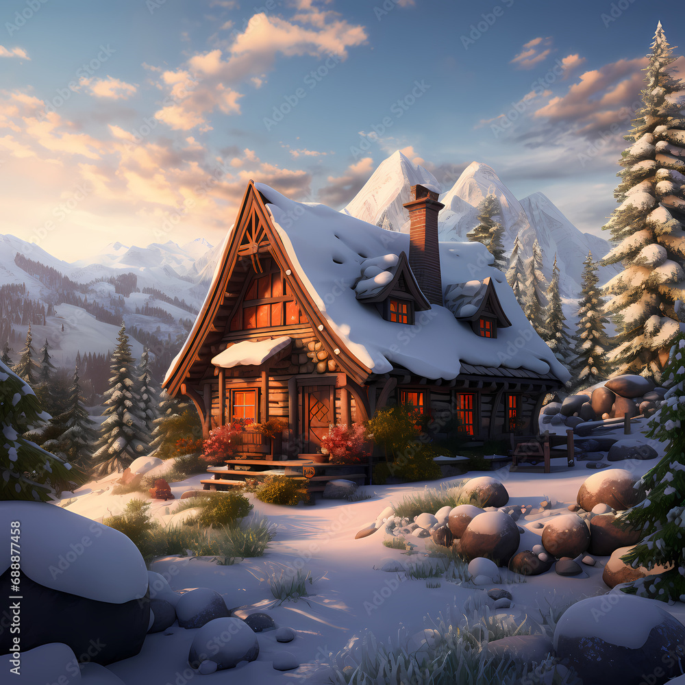 A cozy cabin surrounded by a snowy landscape.