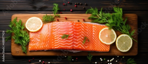 Poached salmon fillet, healthy diet fish, viewed from above, horizontal.