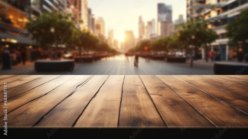 Empty wooden table with blurred street background Empty wooden table with blurred street background
