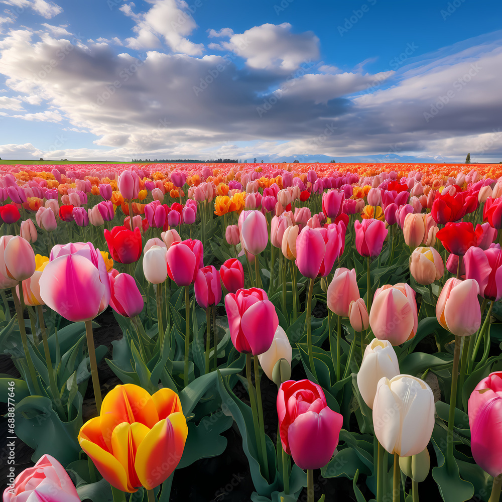 A field of tulips in various shades