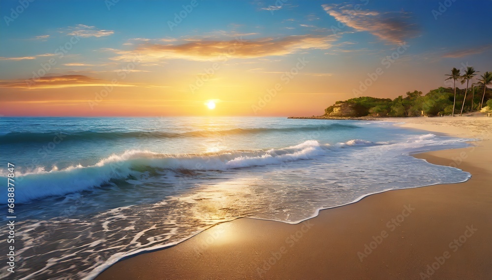 A view of the sun rising over calm sea waves seen from the beach. sunrise on the beach