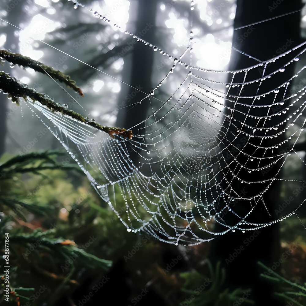 A close-up of dew-covered spiderwebs in a misty forest.
