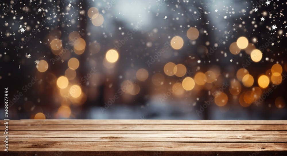 Snowy empty wooden table with blurred Christmas background Snowy empty wooden table with blurred Christmas background