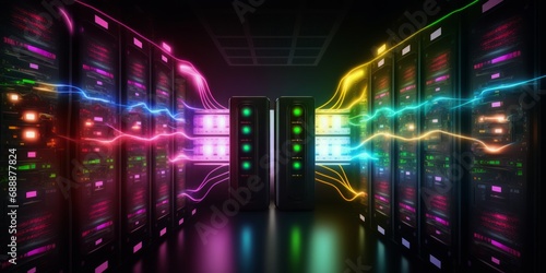 Colorful RGB Data Center Full of Rack Servers and Supercomputers, Modern Telecommunications, Artificial Intelligence, Supercomputer Technology Concept.