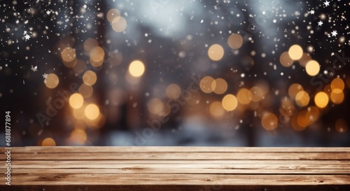 Snowy empty wooden table with blurred Christmas background