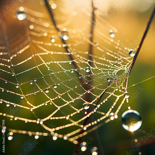 A close-up of dewdrops on a spiderweb in the early morning light.