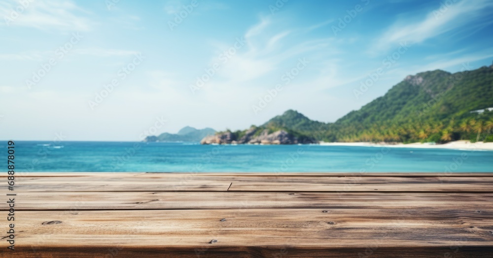 Empty wooden table with blurred sea