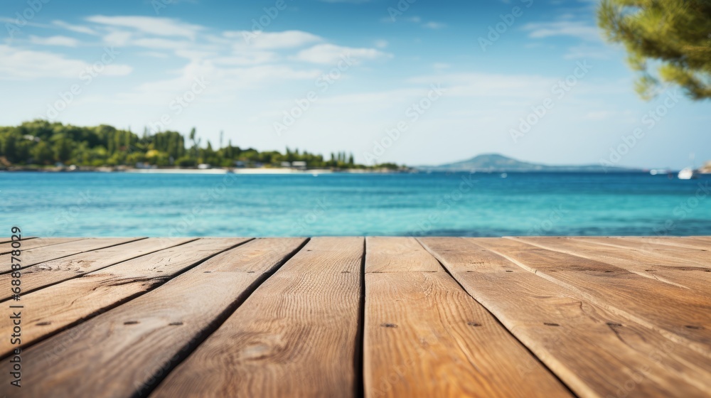 Fototapeta premium Empty wooden table with blurred sea