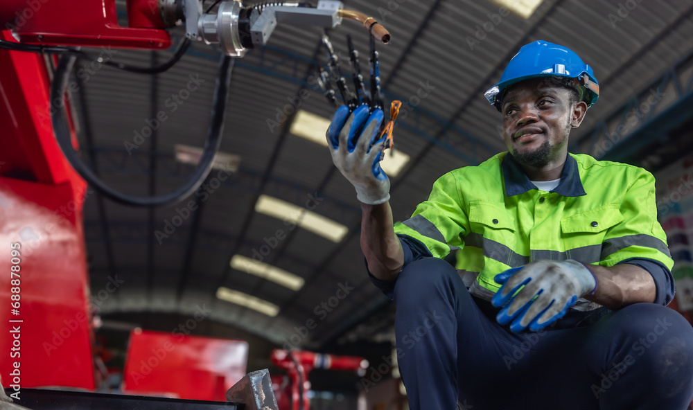 Robotic electrician trainee mastering STEM education to enhance efficiency in manipulating, upgrading robotic prototypes, ensuring quality control in manufacturing workshops for innovative automation Robotic electrician trainee mastering STEM education to enhance efficiency in manipulating, upgrading robotic prototypes, ensuring quality control in manufacturing workshops for innovative automation