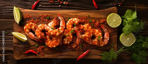 Tasty shrimp cooked with cajun spice and lime on a maple board. photo