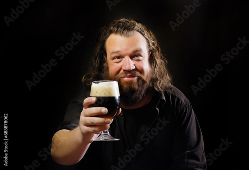 Medieval Man with Long Hair and Beard Raises a Glass of Dark Beer photo