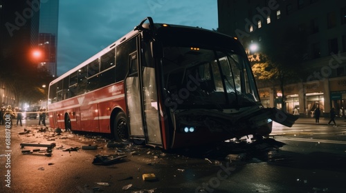 Nightfall Chaos: Bus Crashed on City Street at Sunset, Unveiling the Aftermath of an Accident Scene in the Night.