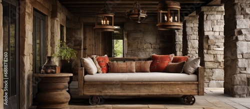 Rustic home featuring daybed, cushioned and chandelier
