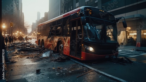 Nightfall Chaos: Bus Crashed on City Street at Sunset, Unveiling the Aftermath of an Accident Scene in the Night. © Mr. Bolota