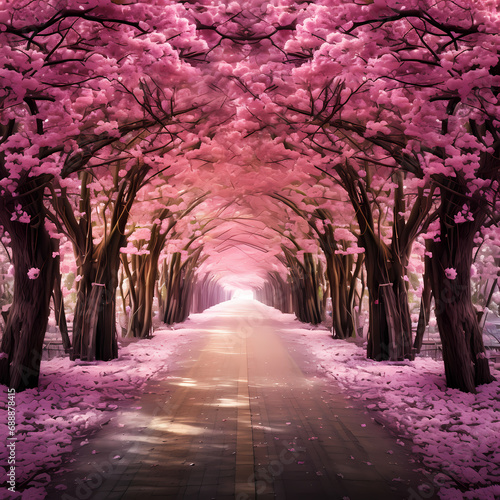 A pathway through a cherry blossom tunnel.