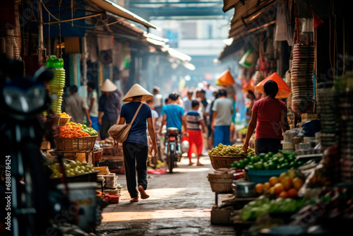 Market Vibrance: A Busy Morning Market in Da Nang at Sunset, Captured in a Dynamic Shot, with Shoppers Navigating Narrow Aisles Filled with Local Delicacies and Household Goods.