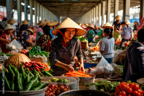 Market Vibrance: A Busy Morning Market in Da Nang at Sunset, Captured in a Dynamic Shot, with Shoppers Navigating Narrow Aisles Filled with Local Delicacies and Household Goods.

