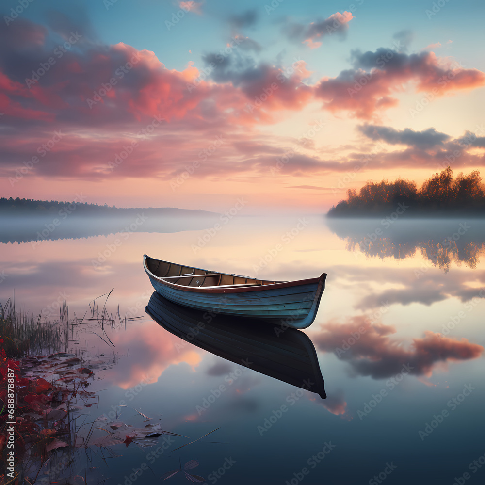 A lone rowboat on a calm lake at sunrise