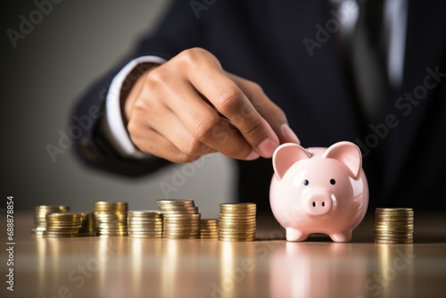 Financial Investment Ritual: Observe a businessman's hand inserting coins into a piggy bank, illustrating the core principles of savings, investments, and strategic actions in the dynamic stock market
