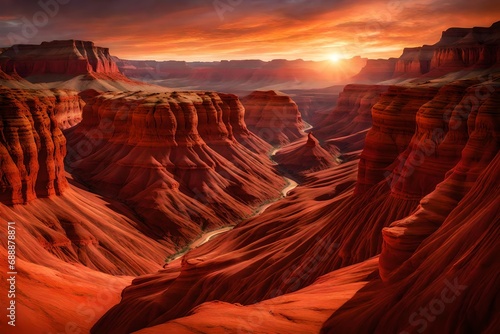 A sunlit canyon with layers of red rock formations stretching into the distance © CREATIVE AI ARTISTRY