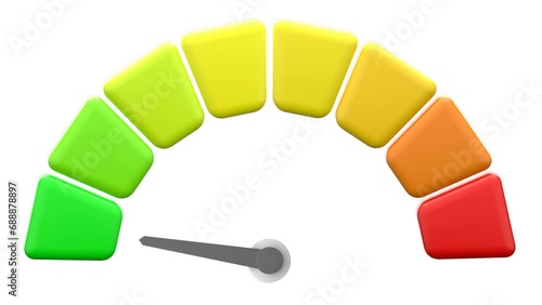 Arrow point scale speed high status speedometer icon performance, pointer rating risk credit levels, meter, tachometer on isolated background. minimal cartoon. 3d rendering. From red to green motion photo