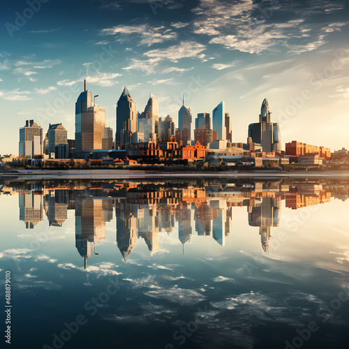 A modern city skyline reflected in a calm river