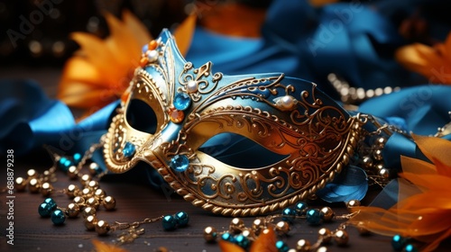 Venetian carnival mask. Gold color, colored feathers. Happy carnival festival