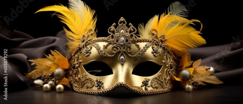 Venetian carnival mask. Gold color, colored feathers. Happy carnival festival