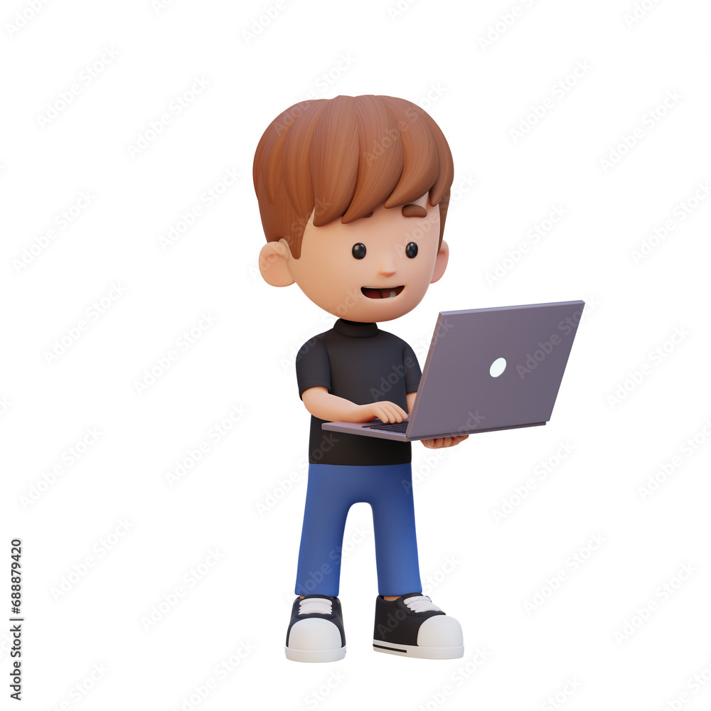 3D kid Character working on a Laptop