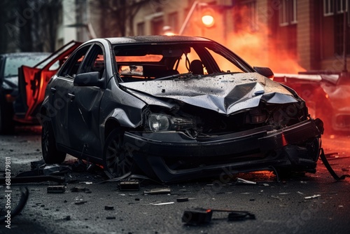 Devastating Accident: Crashed Car Reveals Bomb Damage, Leaving Street Scene with Wreckage Highlighting the Scene of Destruction.