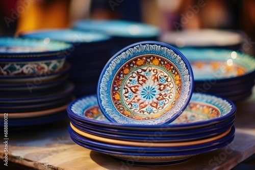 Cultural Treasures: Handcrafted Ceramic Plates Showcase Traditional Uzbek Ornament, Adding a Touch of Ethnic Beauty to Any Décor with the Rich Culture and Artistry of Uzbekistan. © Mr. Bolota