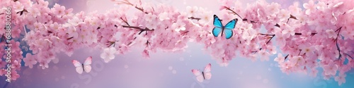 Fluttering blue butterfly and pink cherry or sakura blossom branch in sunlight. Floral spring concept for background, banner or greeting card with copy space
