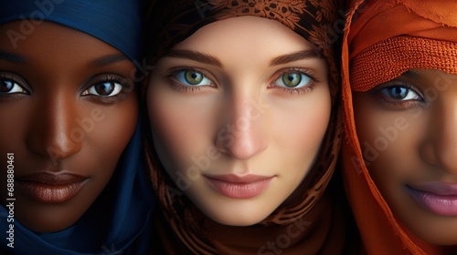 Three Diverse Women Wearing Headscarves and Blue Eyes. Diverse multicultural ethnic backgrounds concept