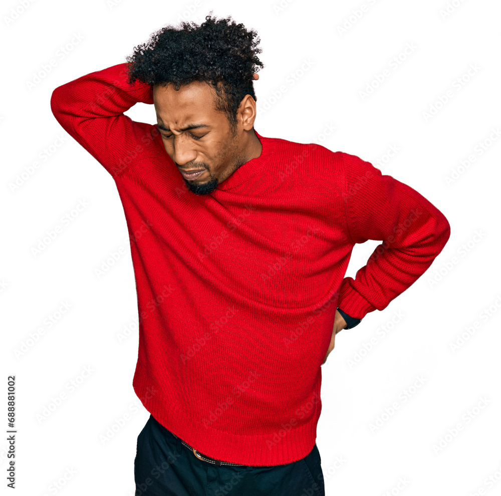 Young african american man with beard wearing casual winter sweater suffering of neck ache injury, touching neck with hand, muscular pain Young african american man with beard wearing casual winter sweater suffering of neck ache injury, touching neck with hand, muscular pain