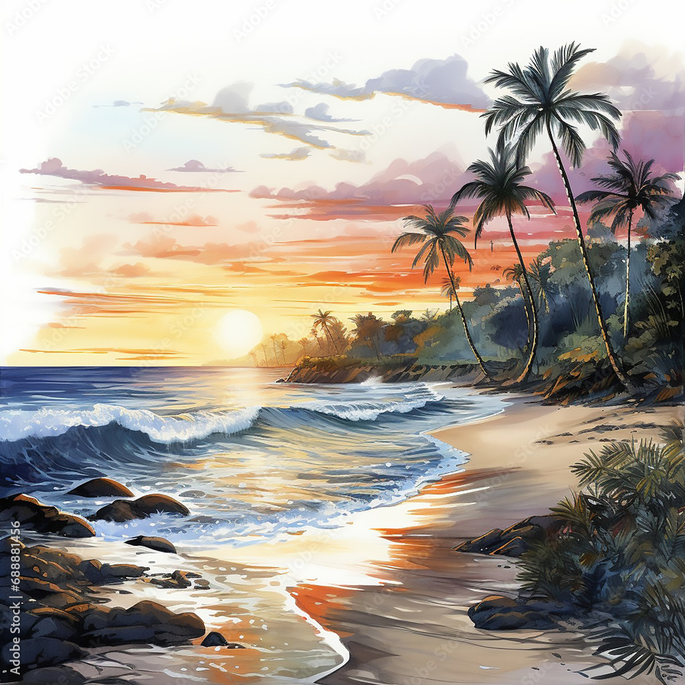 surf paradise seascape waves idyllic rest resort tropic dawn palm recreation shore watercolor