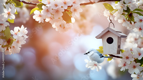 Miniature house on flowering branch closeup.blossom in spring.Sakura Serenity.Birdhouse on a Branch with Little Flowers.AI Generative 